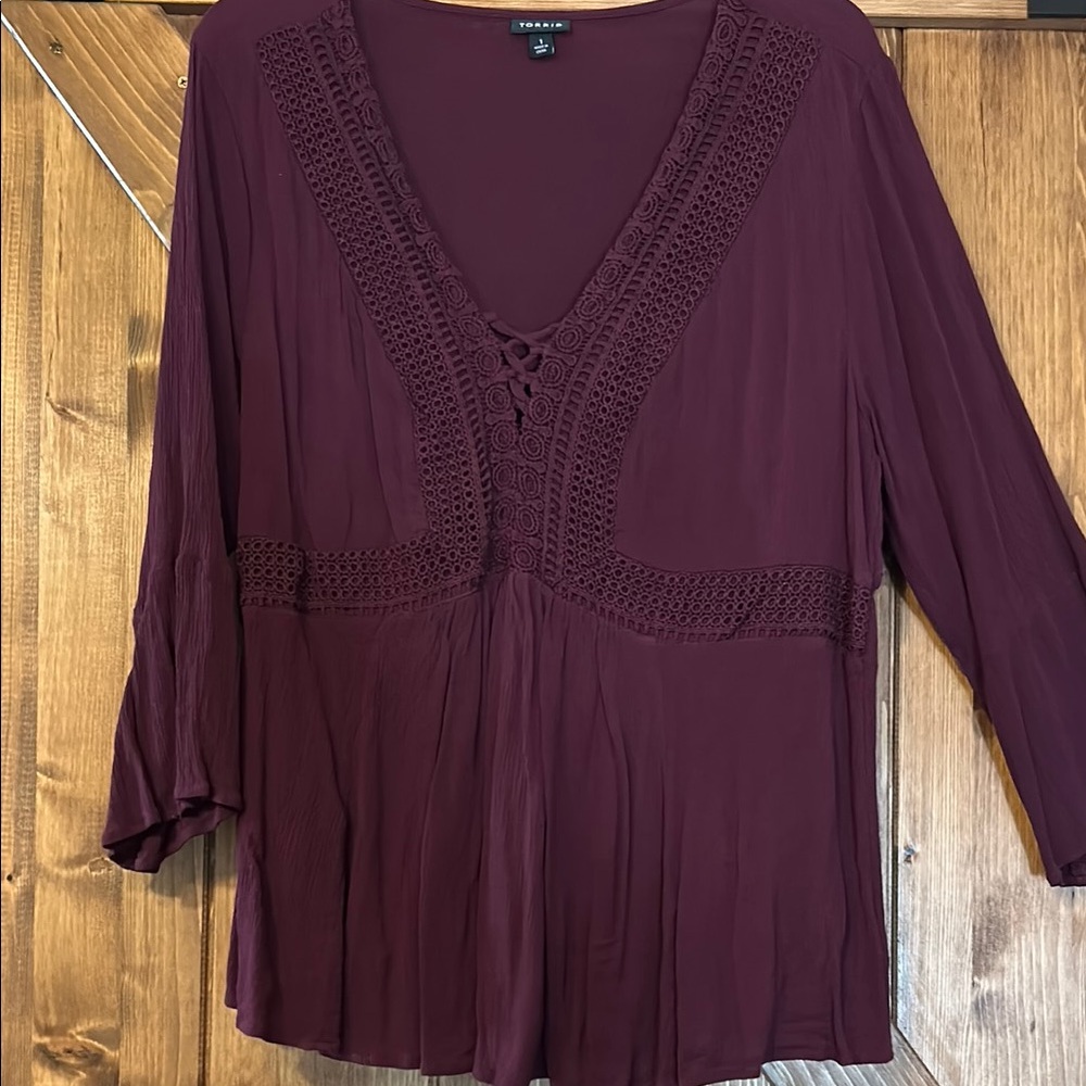 Torrid Burgundy Blouse with Crochet Details